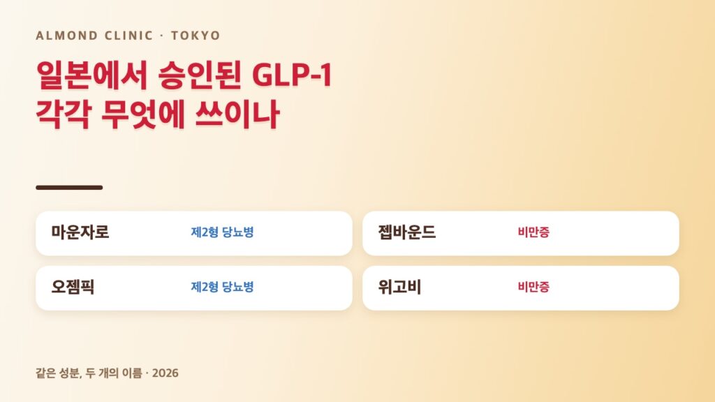 일본에서 승인된 GLP-1: 마운자로와 오젬픽은 제2형 당뇨병, 젭바운드와 위고비는 비만증