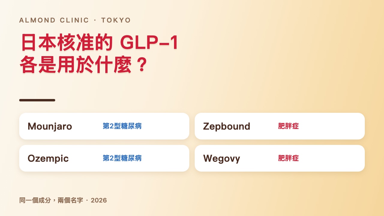 日本核准的 GLP-1 各是用於什麼：Mounjaro 與 Ozempic 用於第2型糖尿病，Zepbound 與 Wegovy 用於肥胖症