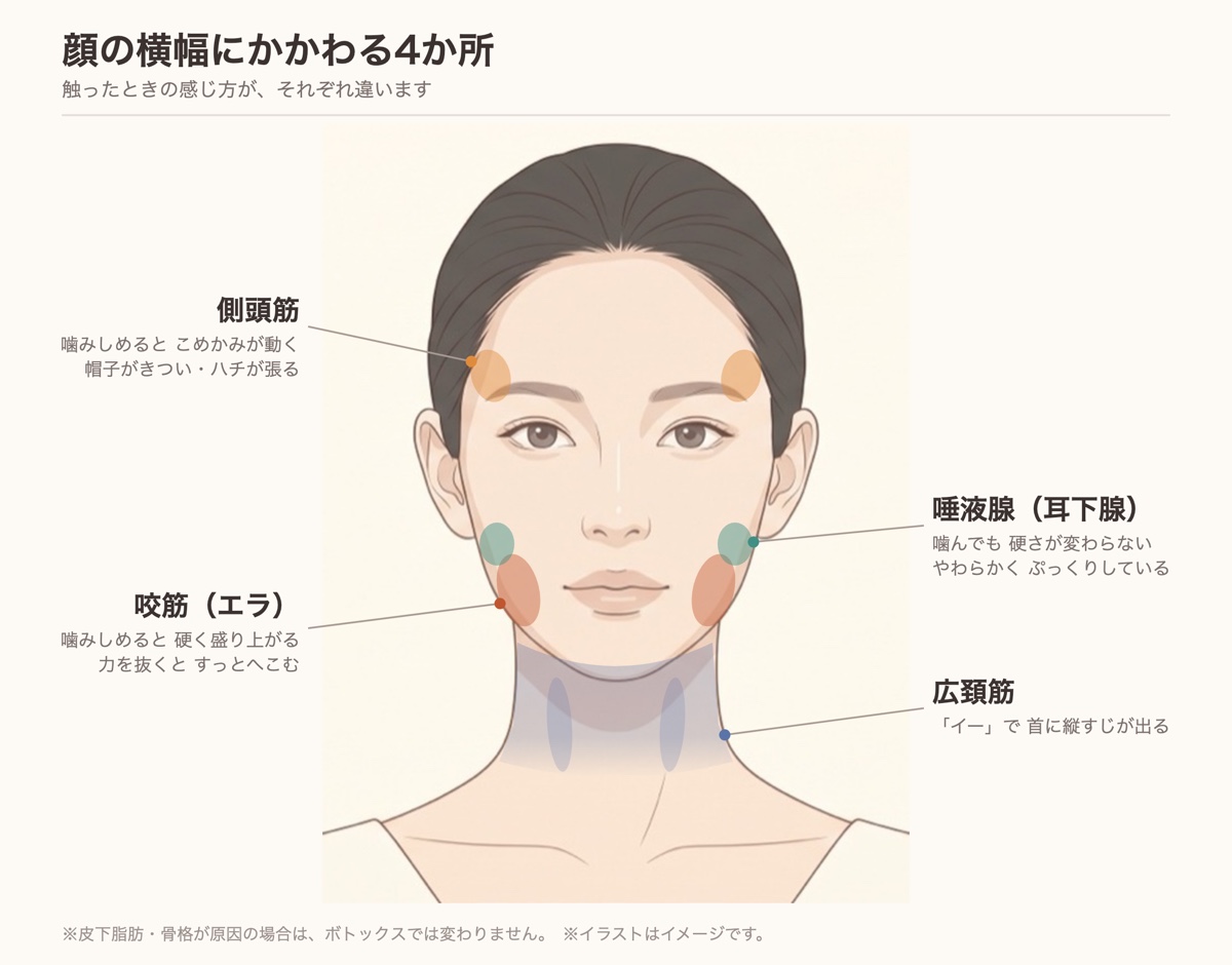 顔の横幅にかかわる4か所（側頭筋・咬筋・耳下腺・広頚筋）の位置を示したイラスト