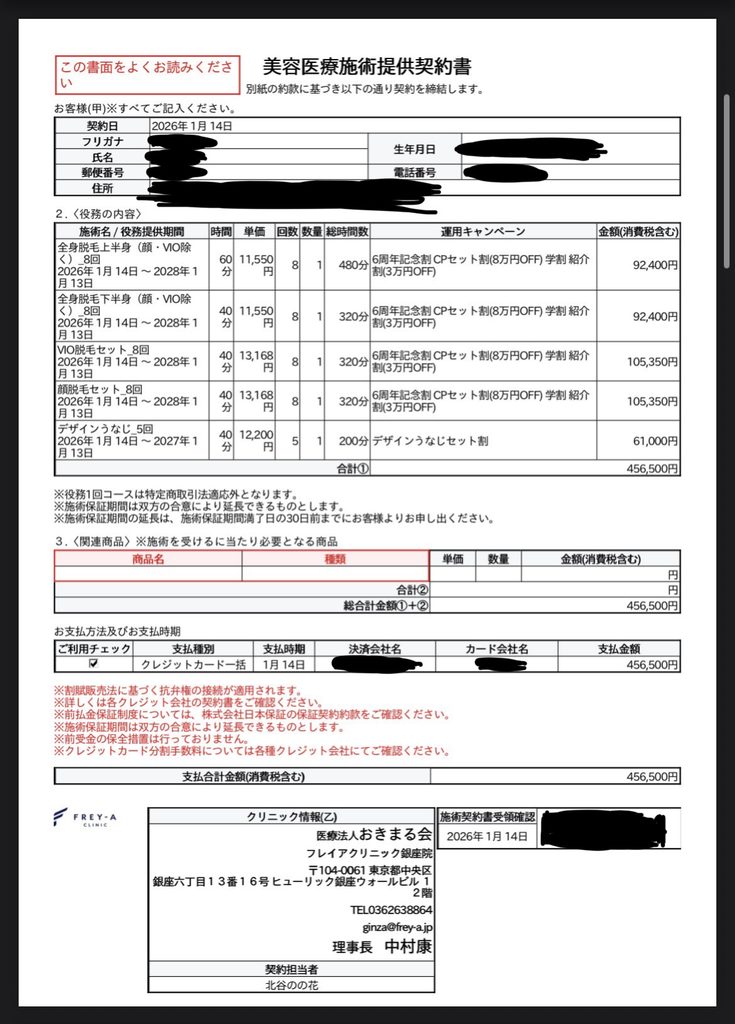 フレイアクリニックの契約書の一部