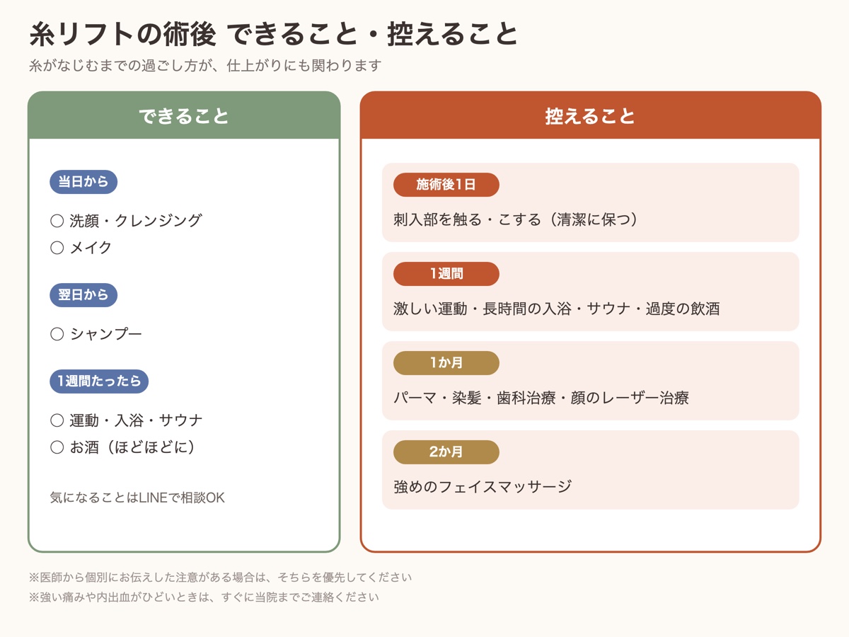 糸リフトの術後にできること・控えること