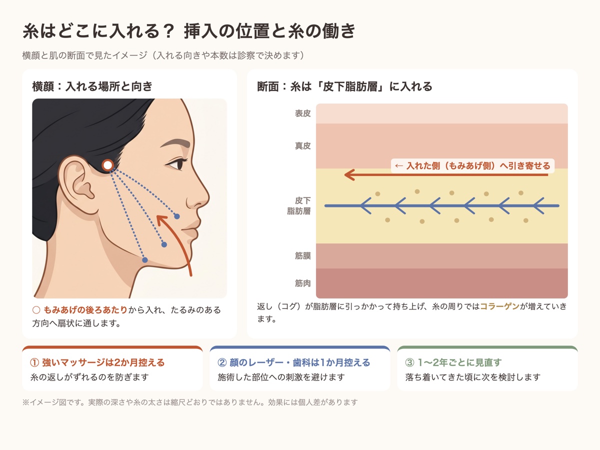 糸リフトの糸を入れる位置(もみあげの後ろ)と皮下脂肪層での糸の働き