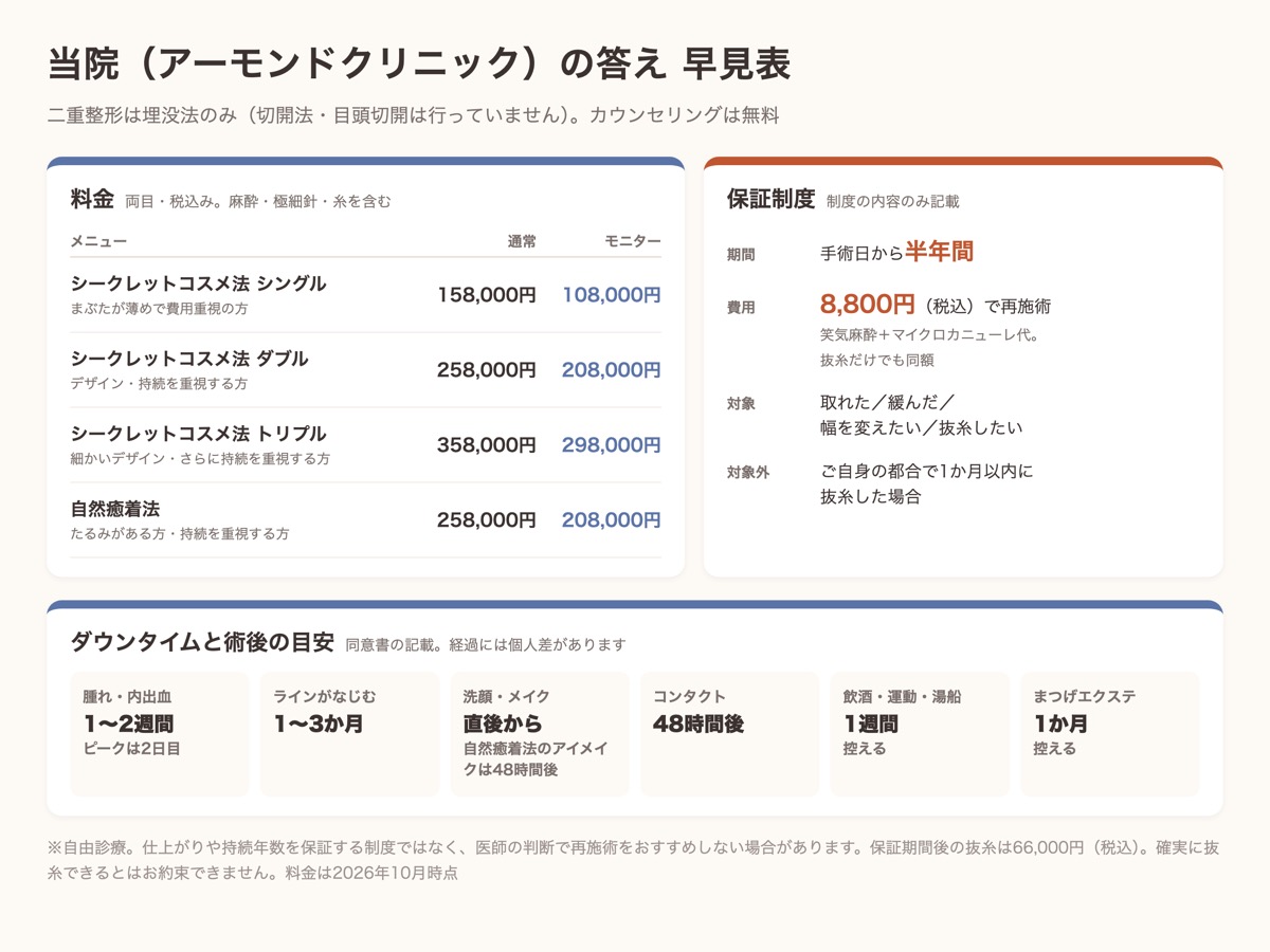アルモナクリニックの二重埋没法の早見表（4メニューの料金、半年間の保証制度、ダウンタイムの目安）