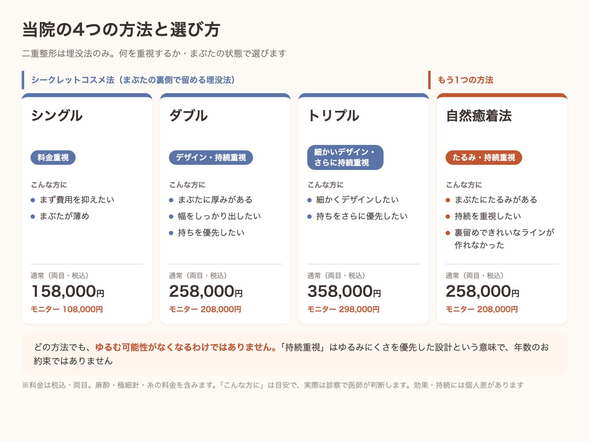 アルモナクリニックの埋没法4種類の選び方と料金。シングル・ダブル・トリプル・自然癒着法