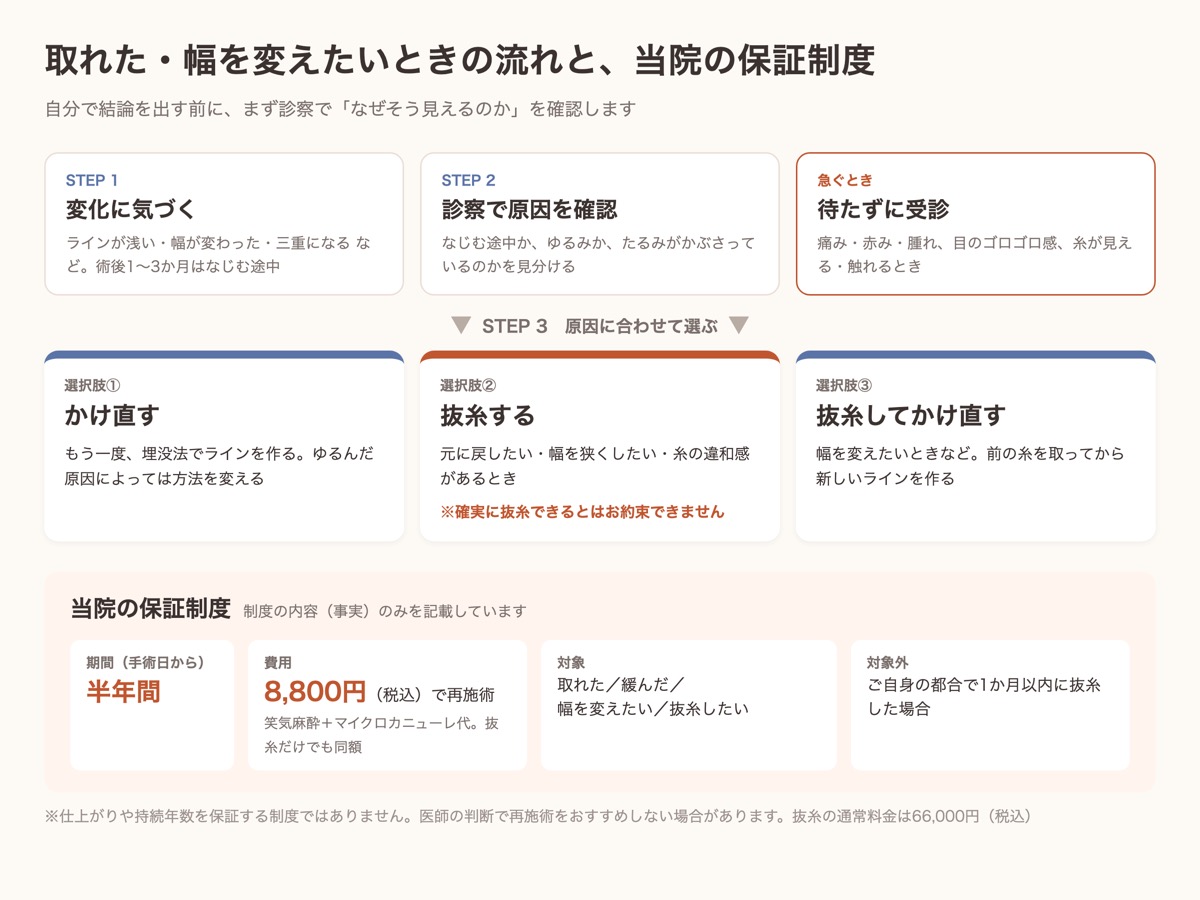 埋没が取れた・幅を変えたいときの流れ（かけ直し・抜糸）と、当院の保証制度（半年間・8,800円）