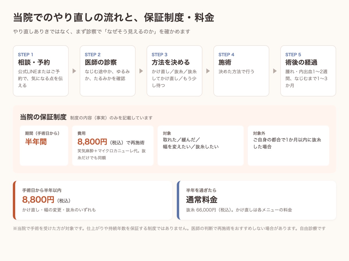 アルモナクリニックでの埋没法やり直しの流れと、手術日から半年間8,800円の保証制度・料金をまとめた図