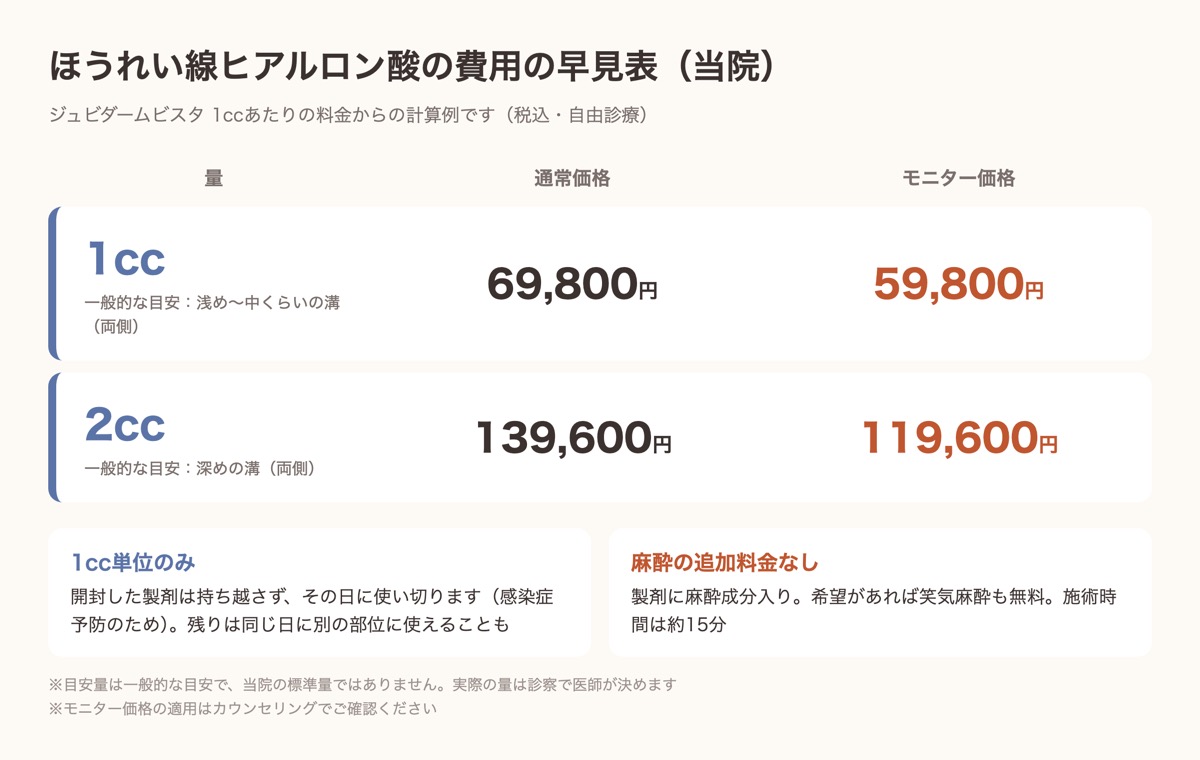 ほうれい線ヒアルロン酸の費用早見表。1cc 69,800円、2cc 139,600円と、モニター価格（税込）