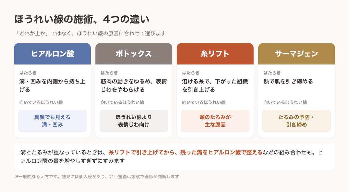 ほうれい線の施術比較。ヒアルロン酸・ボトックス・糸リフト・サーマジェンの働きと向いているタイプ