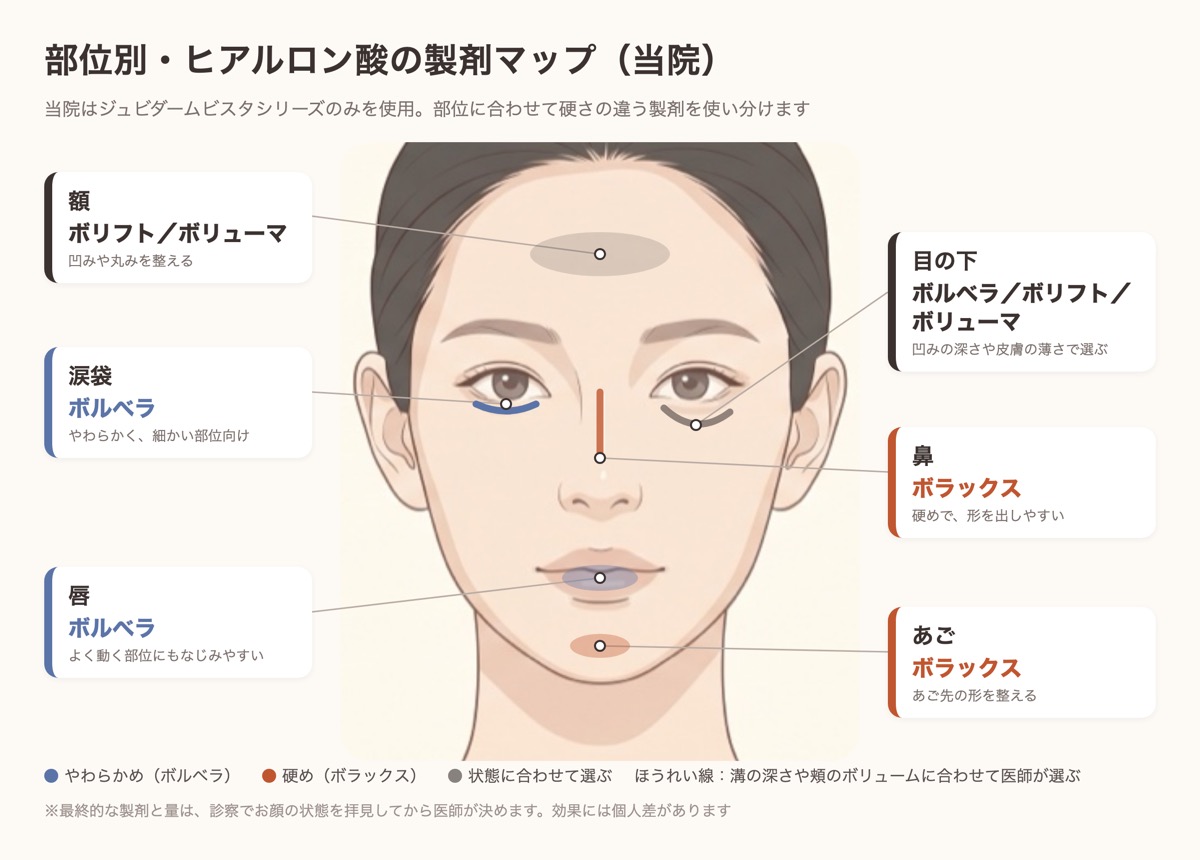 アルモナクリニックで部位ごとに使うヒアルロン酸製剤の図。涙袋・唇はボルベラ、鼻・あごはボラックス、目の下・額はボリフトやボリューマを使い分ける