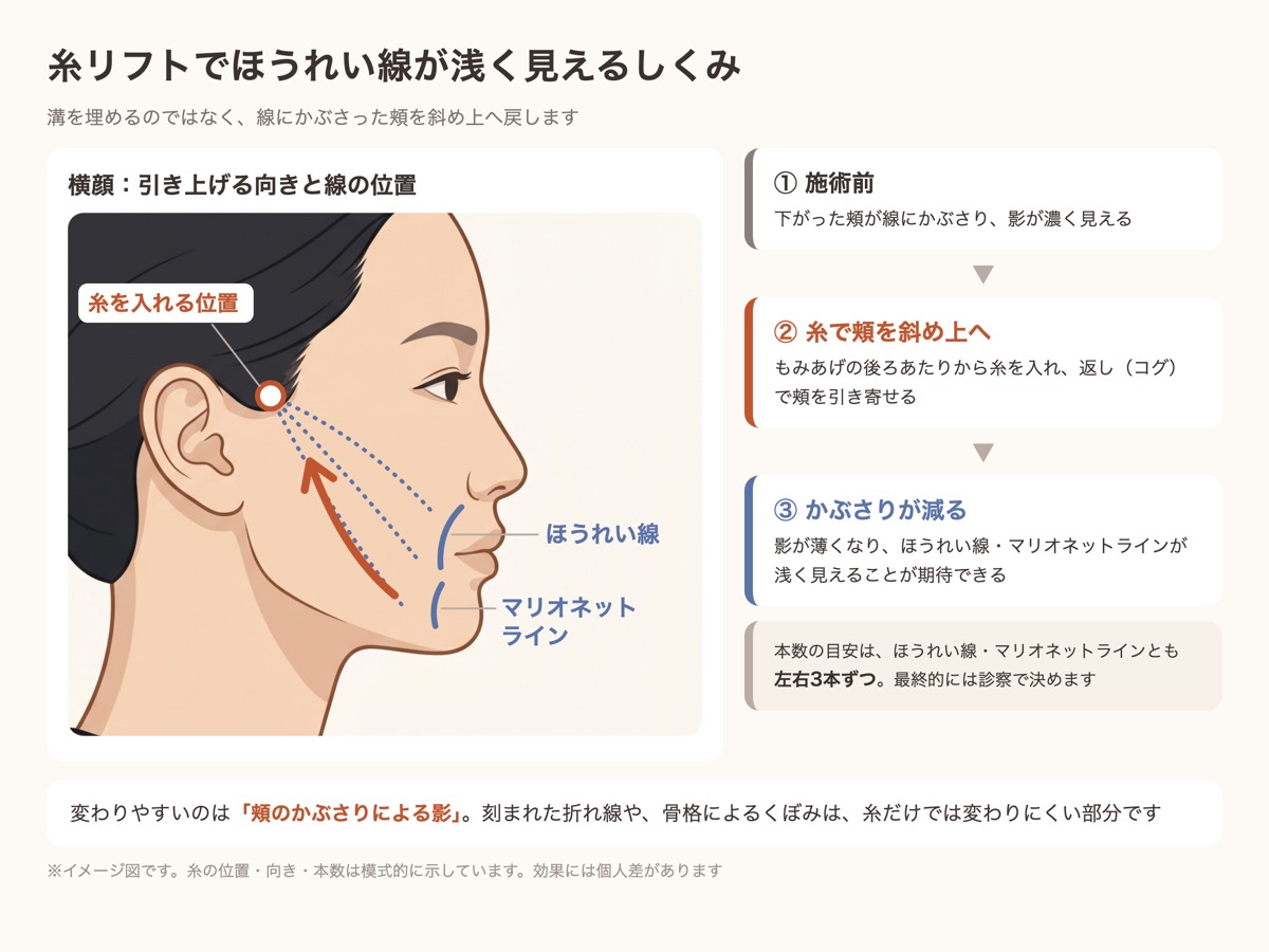 糸リフトでほうれい線が浅く見えるしくみ。横顔に糸を入れる位置、頬を斜め上へ引き上げる向き、ほうれい線とマリオネットラインの位置を示した図