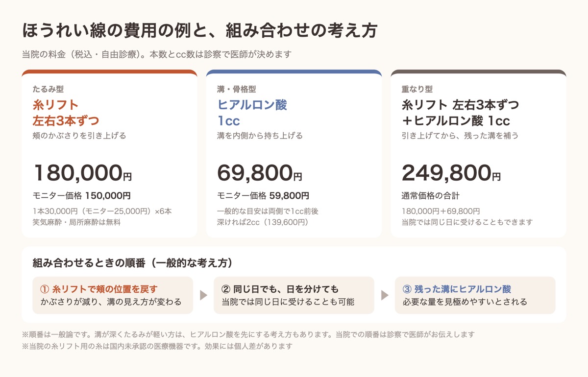 ほうれい線の費用の例。糸リフト左右3本ずつ180,000円、ヒアルロン酸1cc 69,800円、組み合わせ249,800円と、組み合わせる順番の一般的な考え方