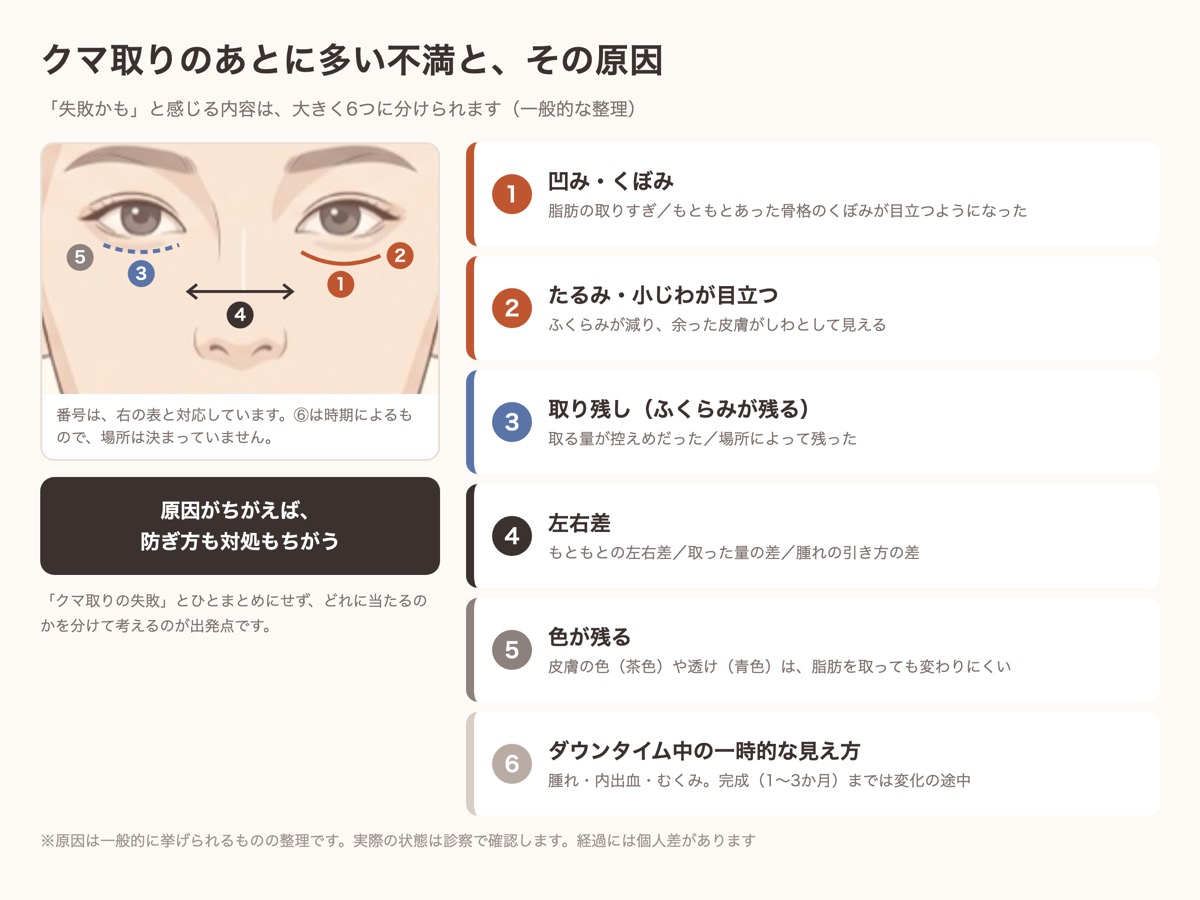 クマ取りのあとに多い6つの不満（凹み・たるみや小じわ・取り残し・左右差・色が残る・一時的な見え方）と原因を目元の位置で示した図