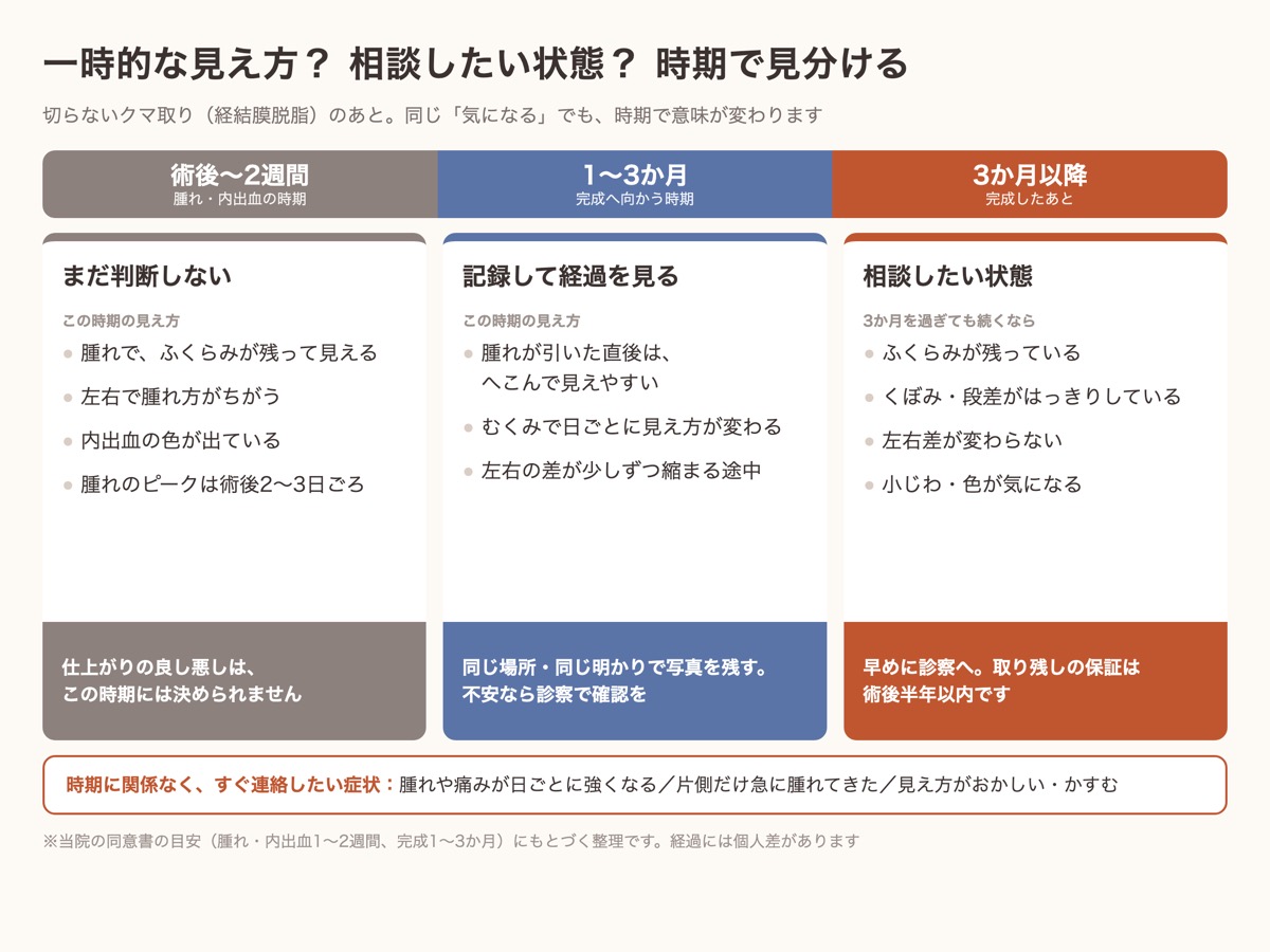 クマ取り後の見え方を時期で見分ける図。術後2週間までは判断しない、1〜3か月は経過を見る、3か月以降も続くなら相談