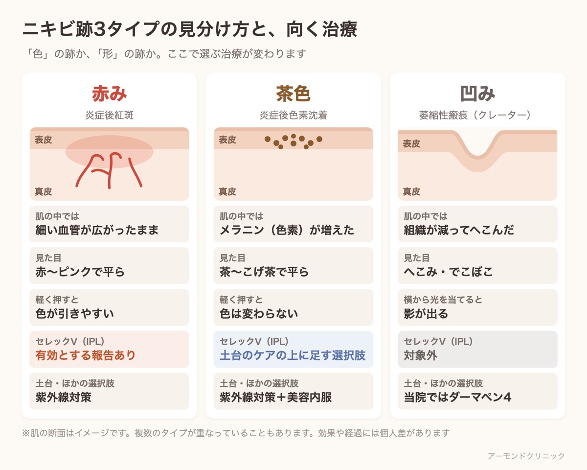 ニキビ跡の3タイプ(赤み・茶色・凹み)の肌の断面イメージと見分け方、セレックV(IPL)の向き不向きをまとめた表