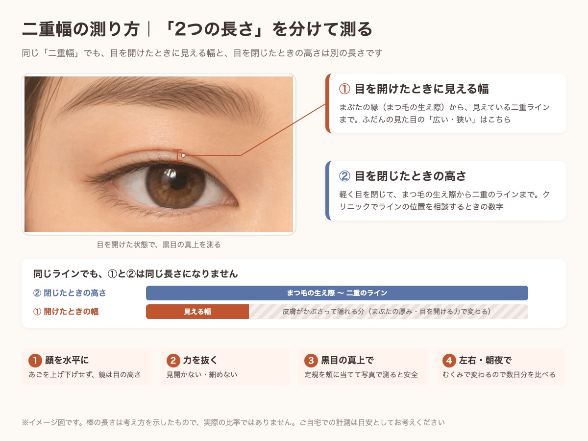 二重幅の測り方の図。目を開けたときに見える幅と、目を閉じたときの高さの違い、測る手順4つ
