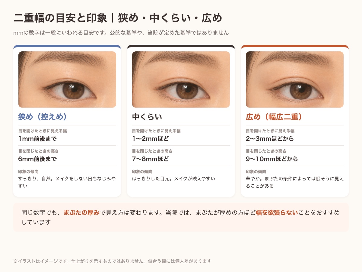 二重幅の目安と印象の図。狭め・中くらい・広めの3タイプと一般にいわれるmmの目安