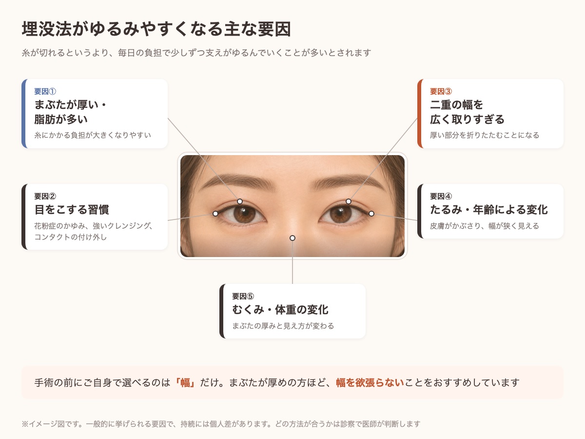 埋没法がゆるみやすくなる主な要因の図。まぶたの厚み・目をこする習慣・広すぎる二重幅・たるみ・むくみの5つ