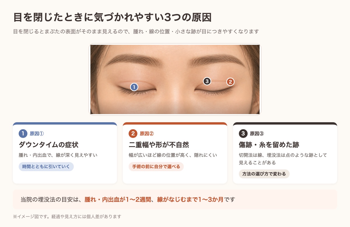 目を閉じたときに二重整形だと気づかれやすい3つの原因（ダウンタイムの症状・二重幅や形・傷跡や糸を留めた跡）の図