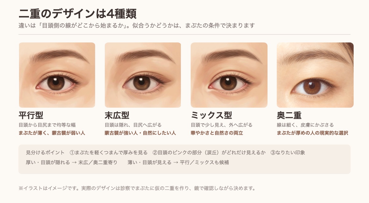 二重のデザイン4種類（平行型・末広型・ミックス型・奥二重）の違いを示した図
