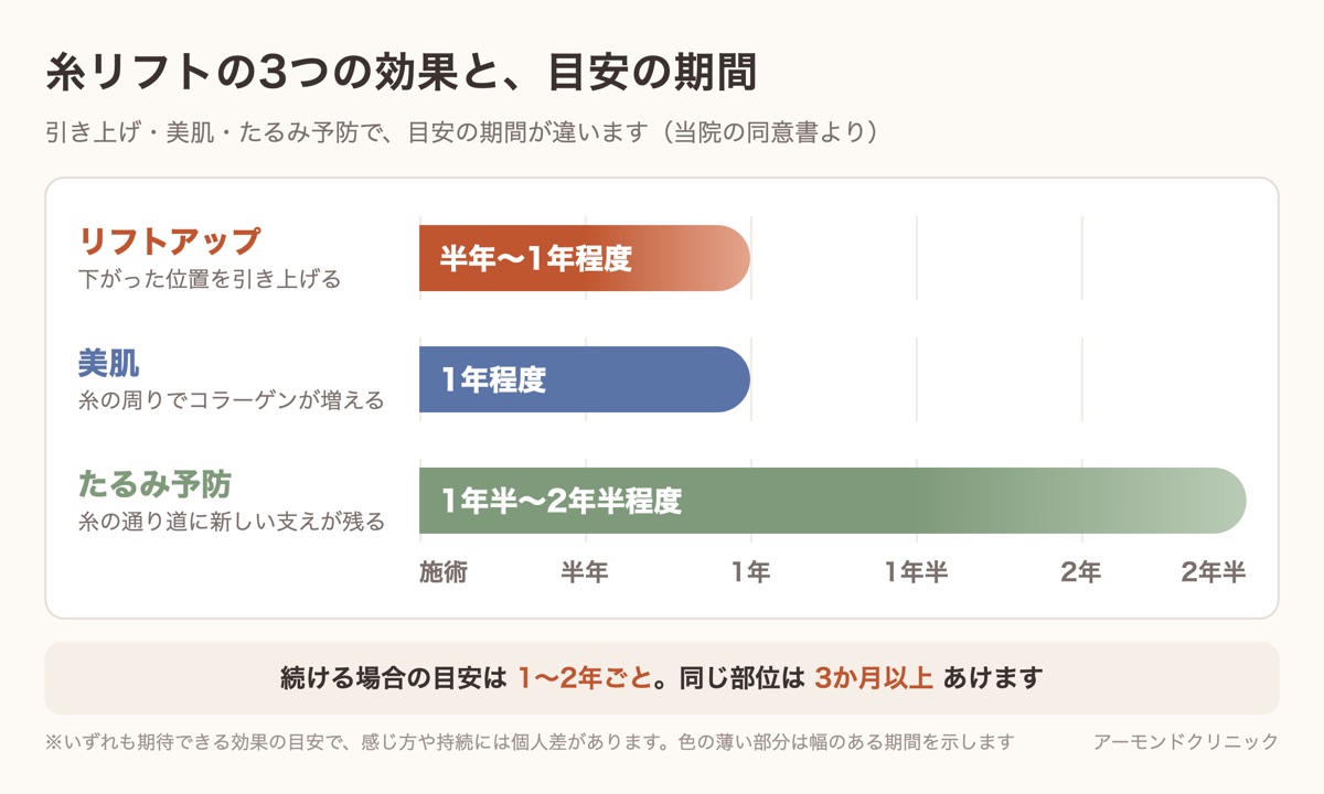 糸リフトの3つの効果と目安の期間の図。リフトアップは半年〜1年程度、美肌は1年程度、たるみ予防は1年半〜2年半程度と示している
