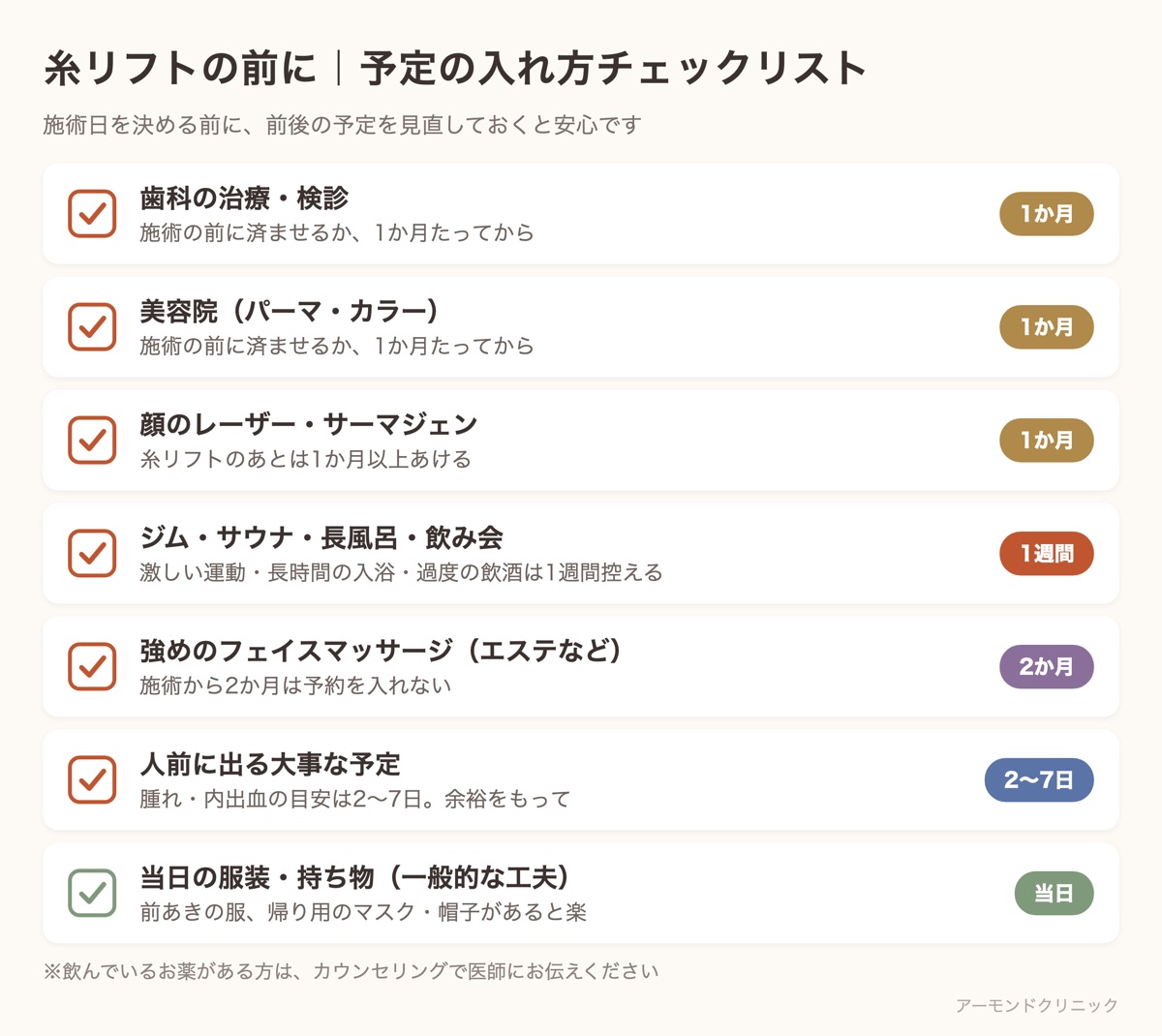 糸リフトの施術日を決める前に見直したい予定のチェックリスト。歯科・美容院・レーザー・運動や飲み会・マッサージ・大事な予定・当日の服装と持ち物の7項目