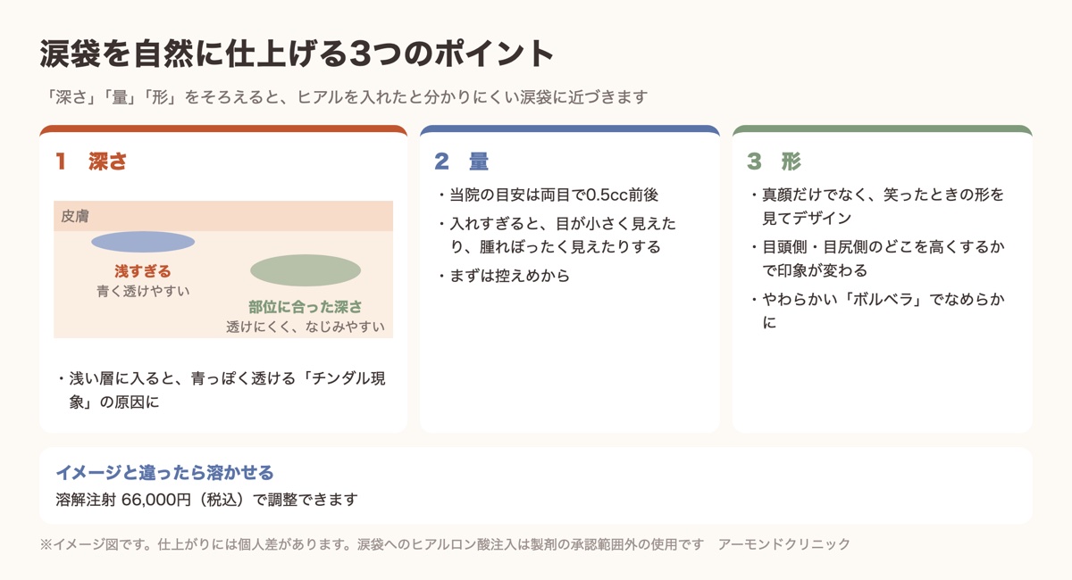 涙袋ヒアルロン酸を自然に仕上げる3つのポイント（深さ・量・形）の図